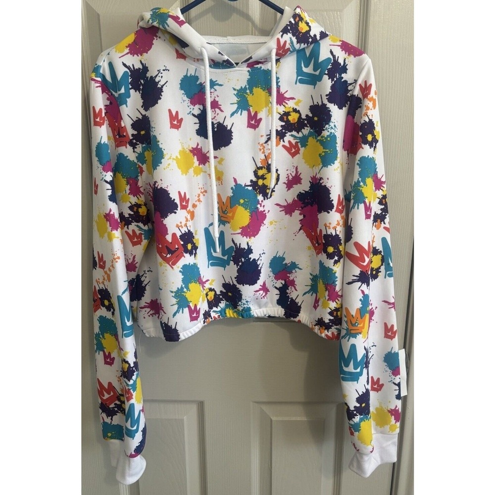 Diamond Stash 2X White Multicolor Paint Splatter Crown Graphic‎ Cropped Hoodie
